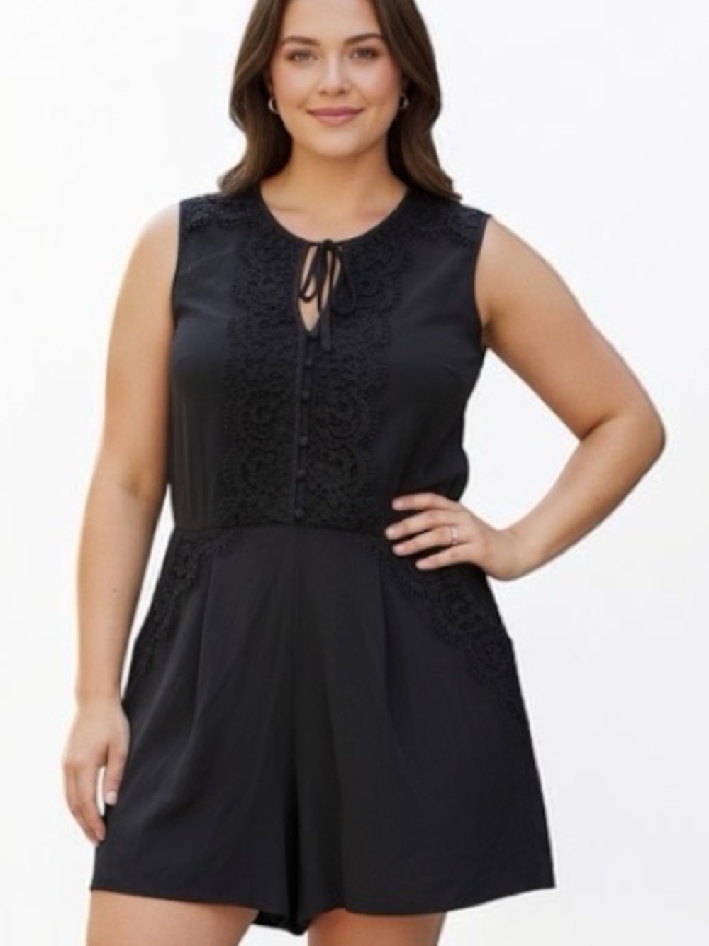 City Chic Sz 14 Sleeveless Black Lace-Trim Romper Pockets Back Zip Closure | EUC